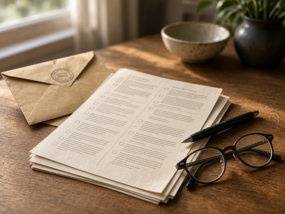 Vote-by-mail envelope and ballot pages on a kitchen table