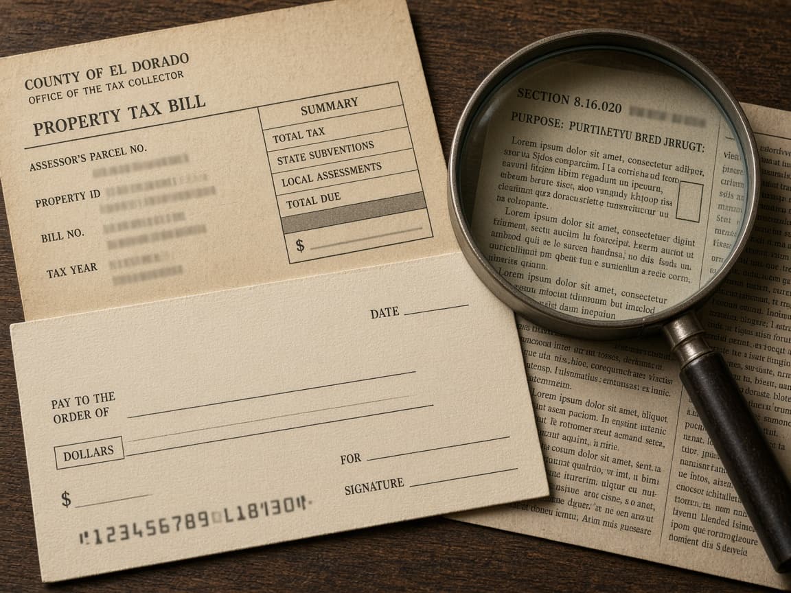 Property tax paperwork and a blank check on a desk